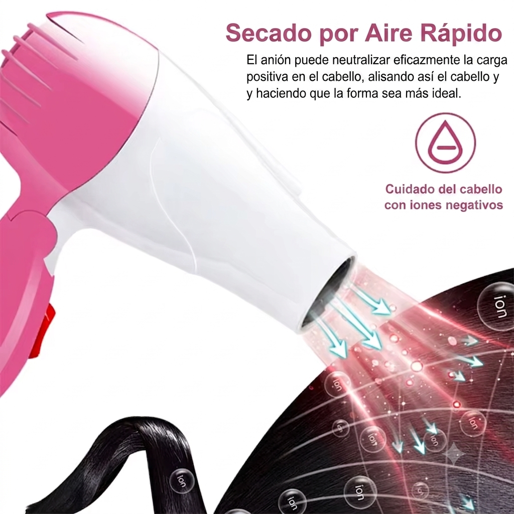 Secador Portátil de Viaje | Secado Rápido sin Daño, Mango Plegable y Motor Silencioso DC
