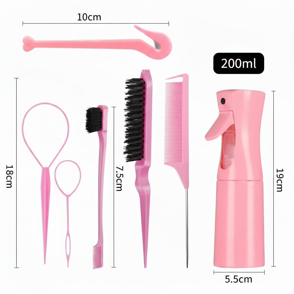 Kit de Peluquería 7 en 1 | Peine, Cepillo de Bordes, Trenzador y Más para Peinados Perfectos
